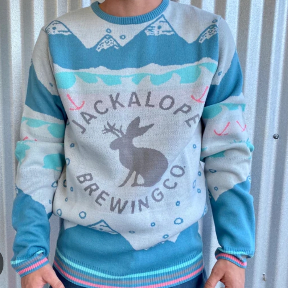 Shinesty Jackalope Brewing Co. Men's Small Ugly Christmas Sweater Beer Blue